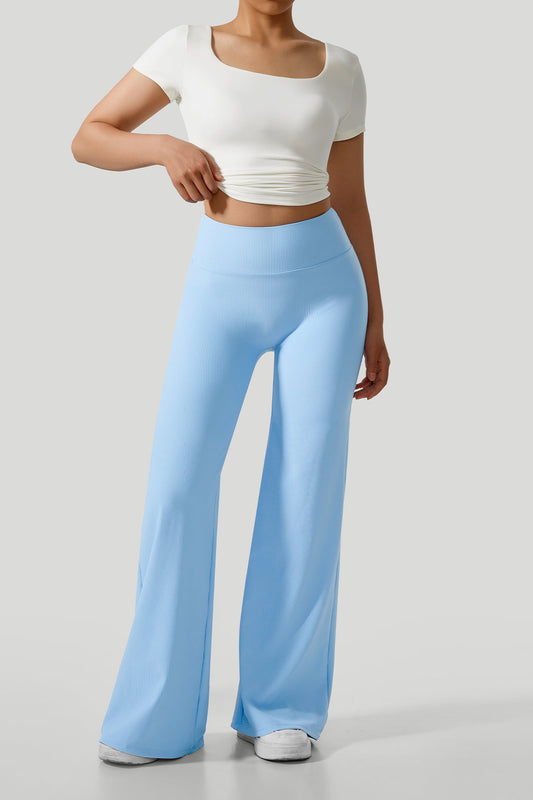 Micro Ribbed Solid Color Wide Leg Pants
