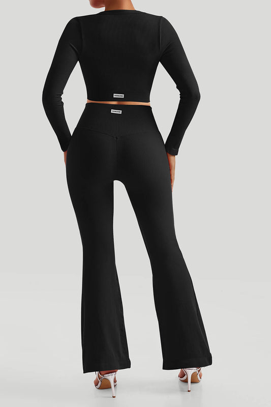 Threaded Long Sleeves Split Flare Pants Set